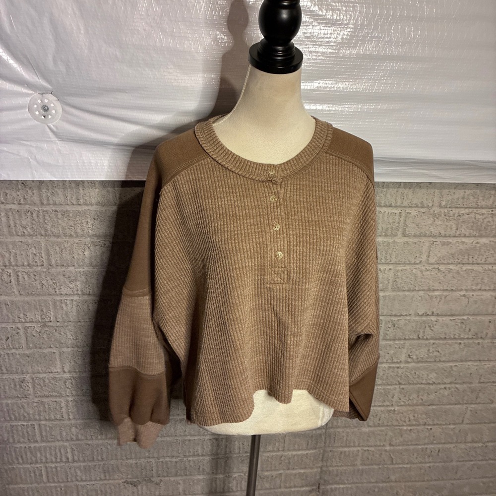 Blu Pepper Brown Waffle Knit Henley Colorblock Long Sleeve Top M